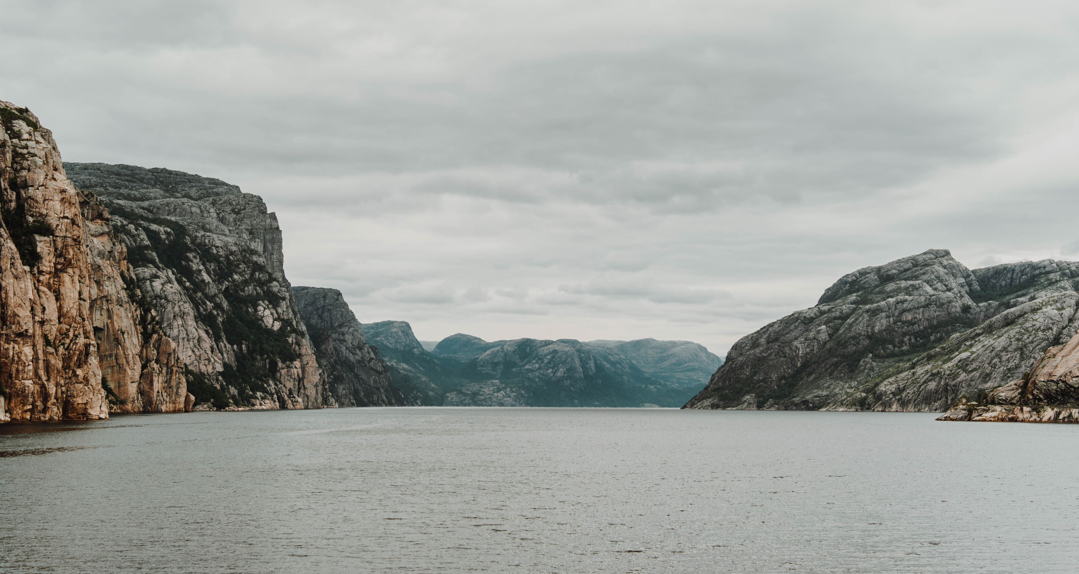 Norwegian fjord on an overcast day.