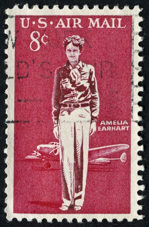 A postage stamp with Amelia Earhart printed onto it.