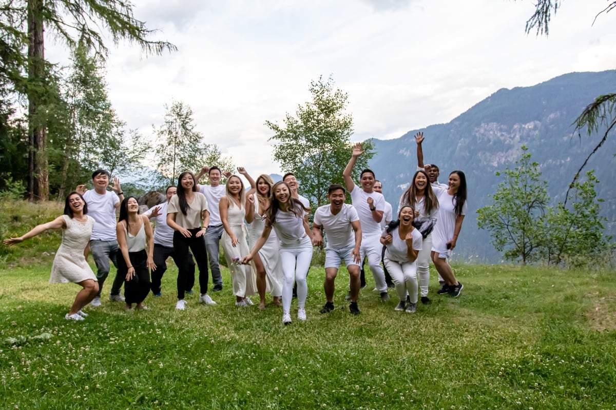 A wedding party pose in the Swiss Alps.