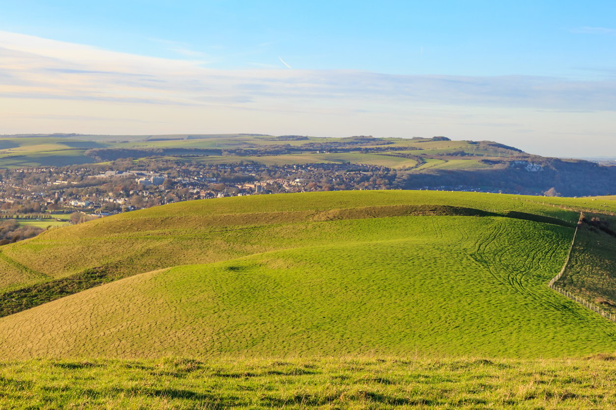 The view looking from Mount Caburn in the South Downs back to Lewes, on a walk near London
