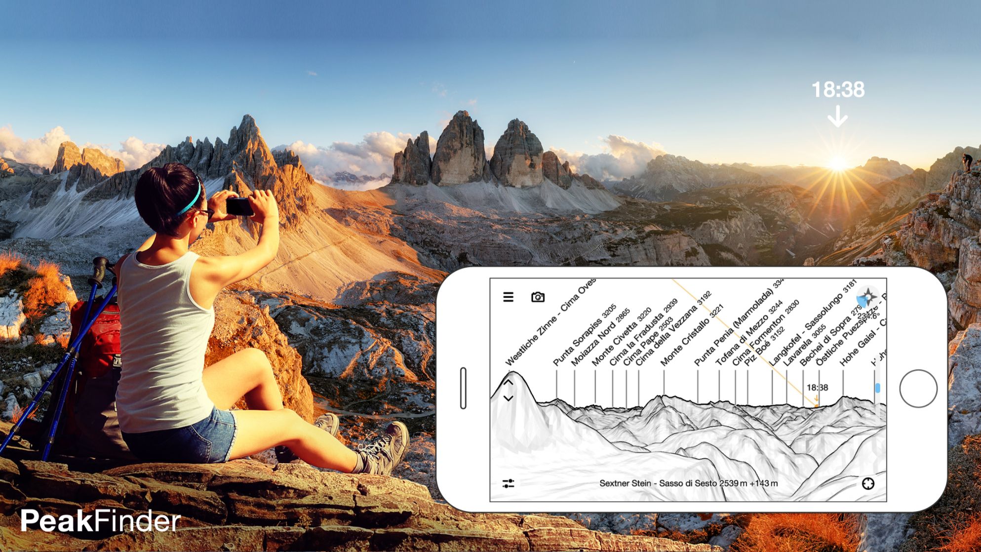 A PeakFinder poster, showing how mountain peaks appear on the phone when pointed at a mountain range. Photo: PeakFinder
