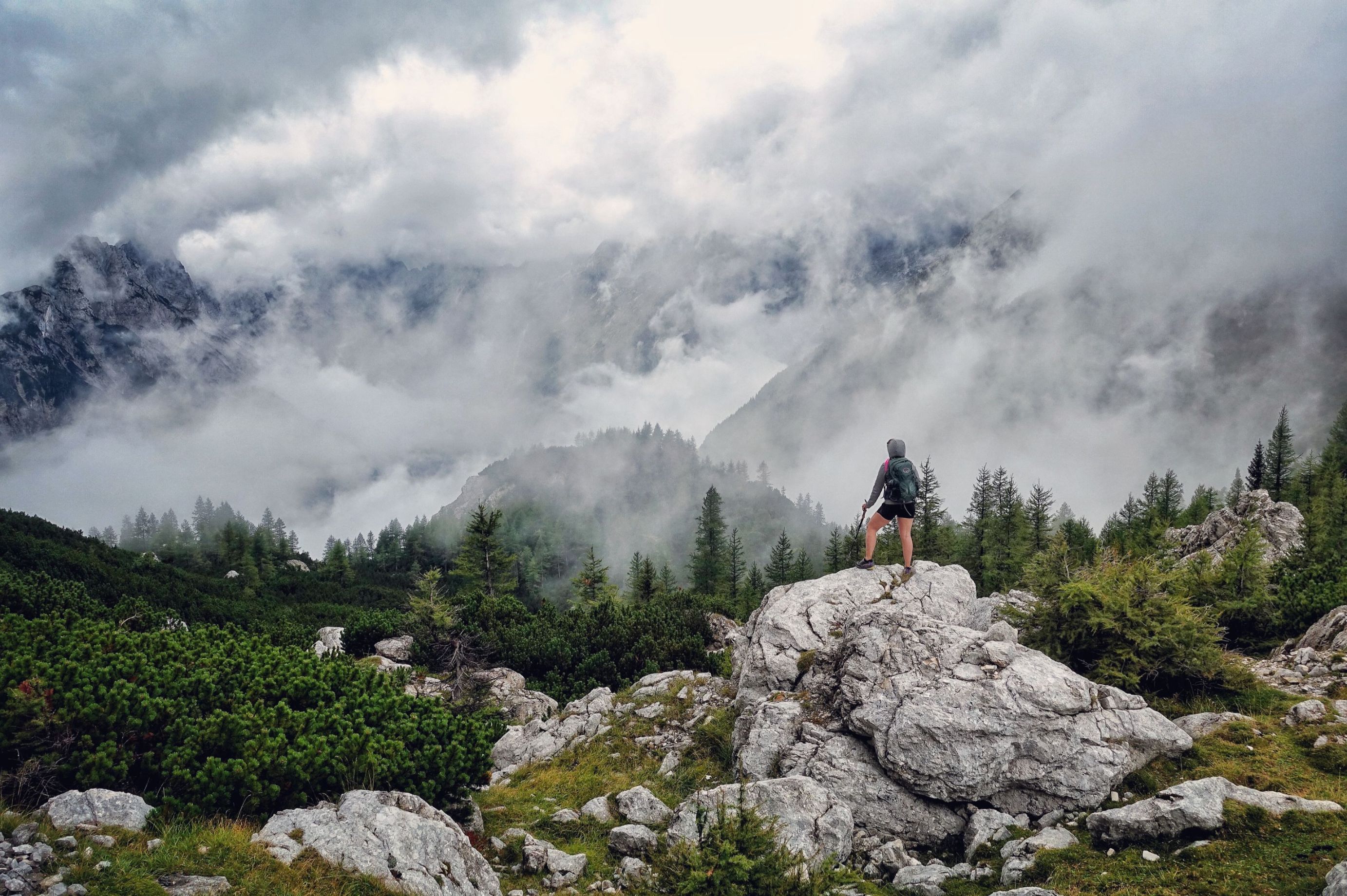 A hiker on Vršič Pass in Soča, Slovenia