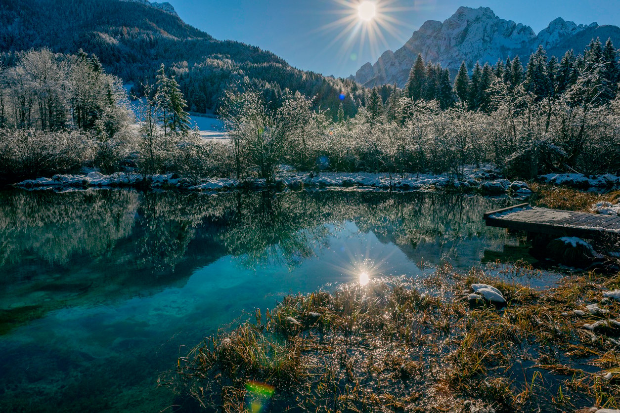 Afternoon winter view of the source of the Sava, Zelenci, Gorenjska, Slovenia, Julian Alps, European Alps, Europe