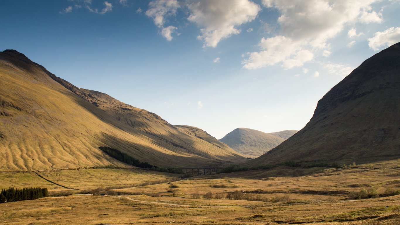 A broad Highlands valley - the Bridge of Orchy is visible in the background.
