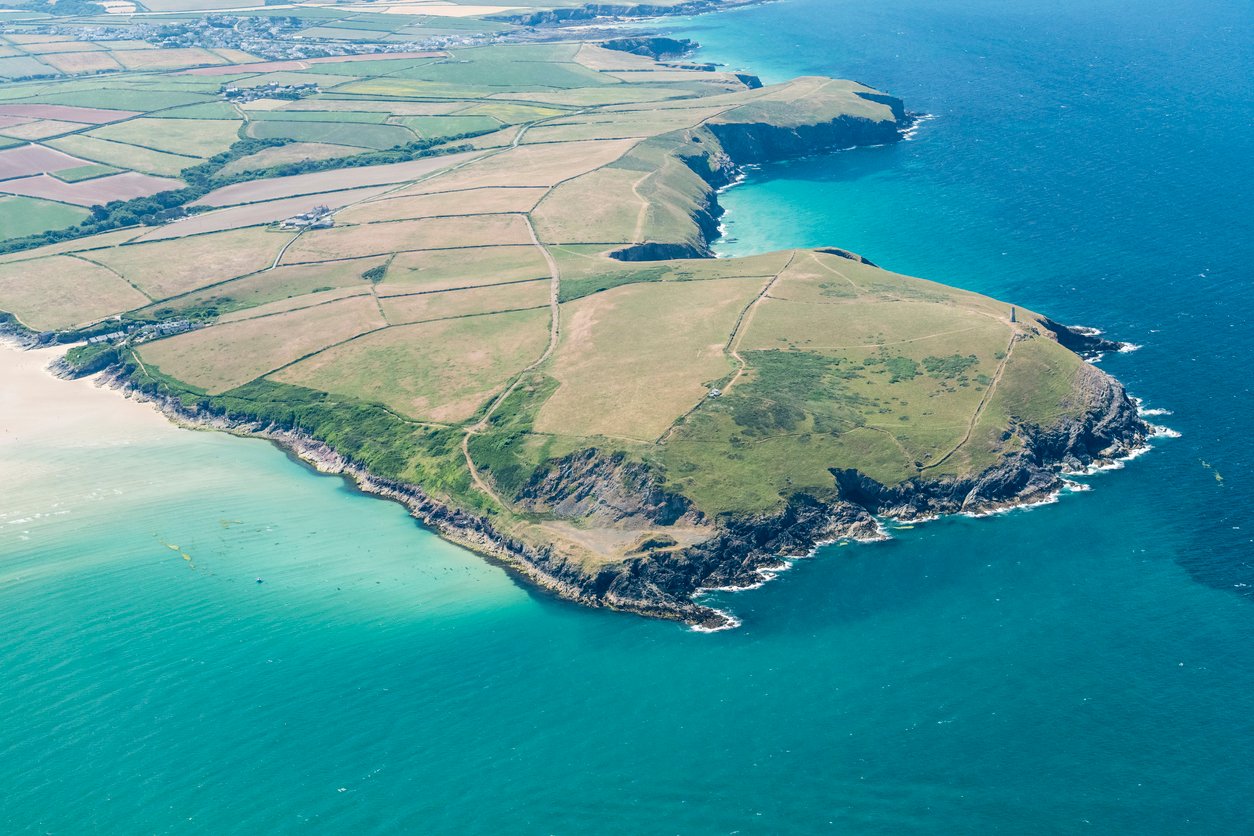 Aerial Views over the North Cornish Coastline from the mouth of the River Camel at Padstow along the coast towards Newquay