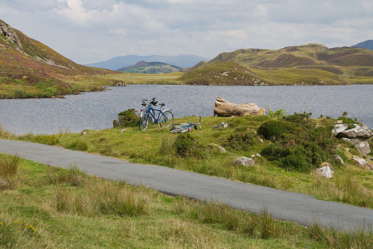 Bikes by Llyyyau Cregennen beneath Cader Idris, a mountain in Gwynedd, Wales in the southern end of the Snowdonia National Park