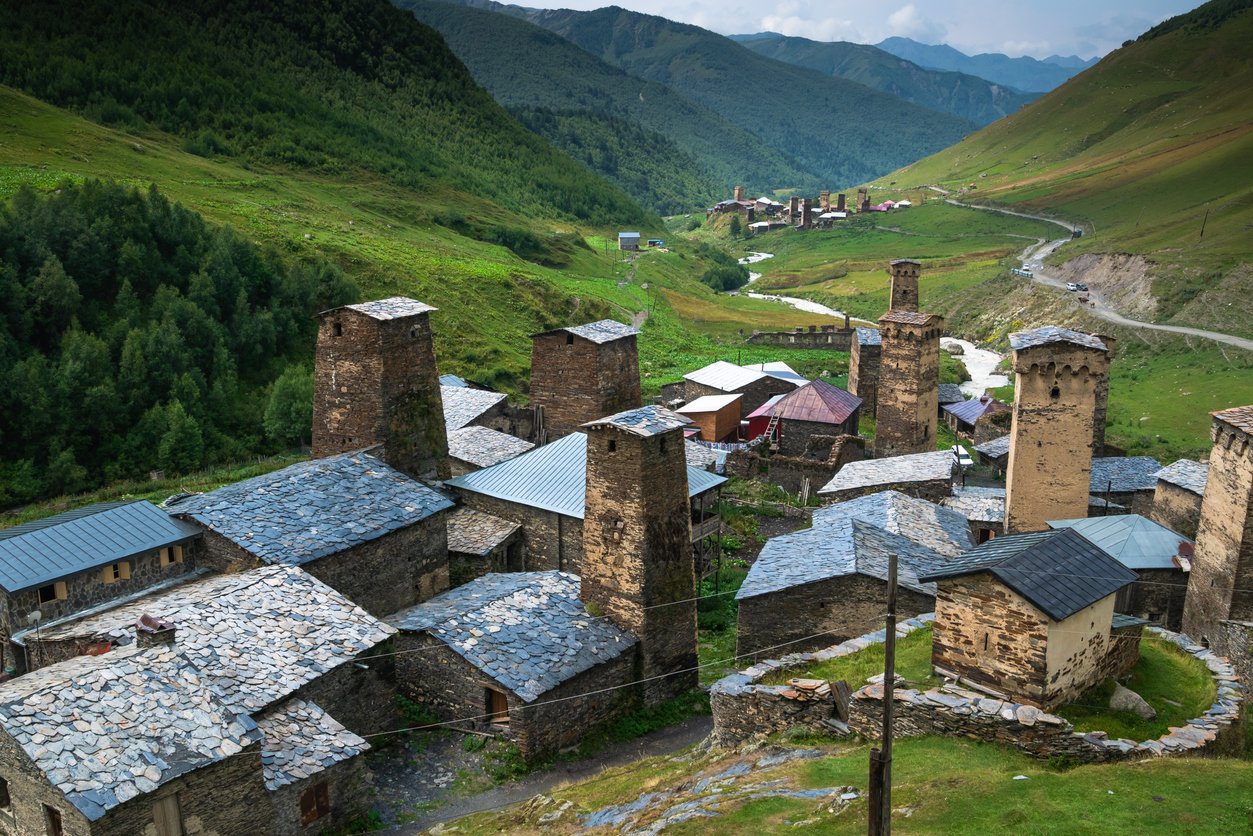 Old traditional building in the village of Ushguli in Georgia. 