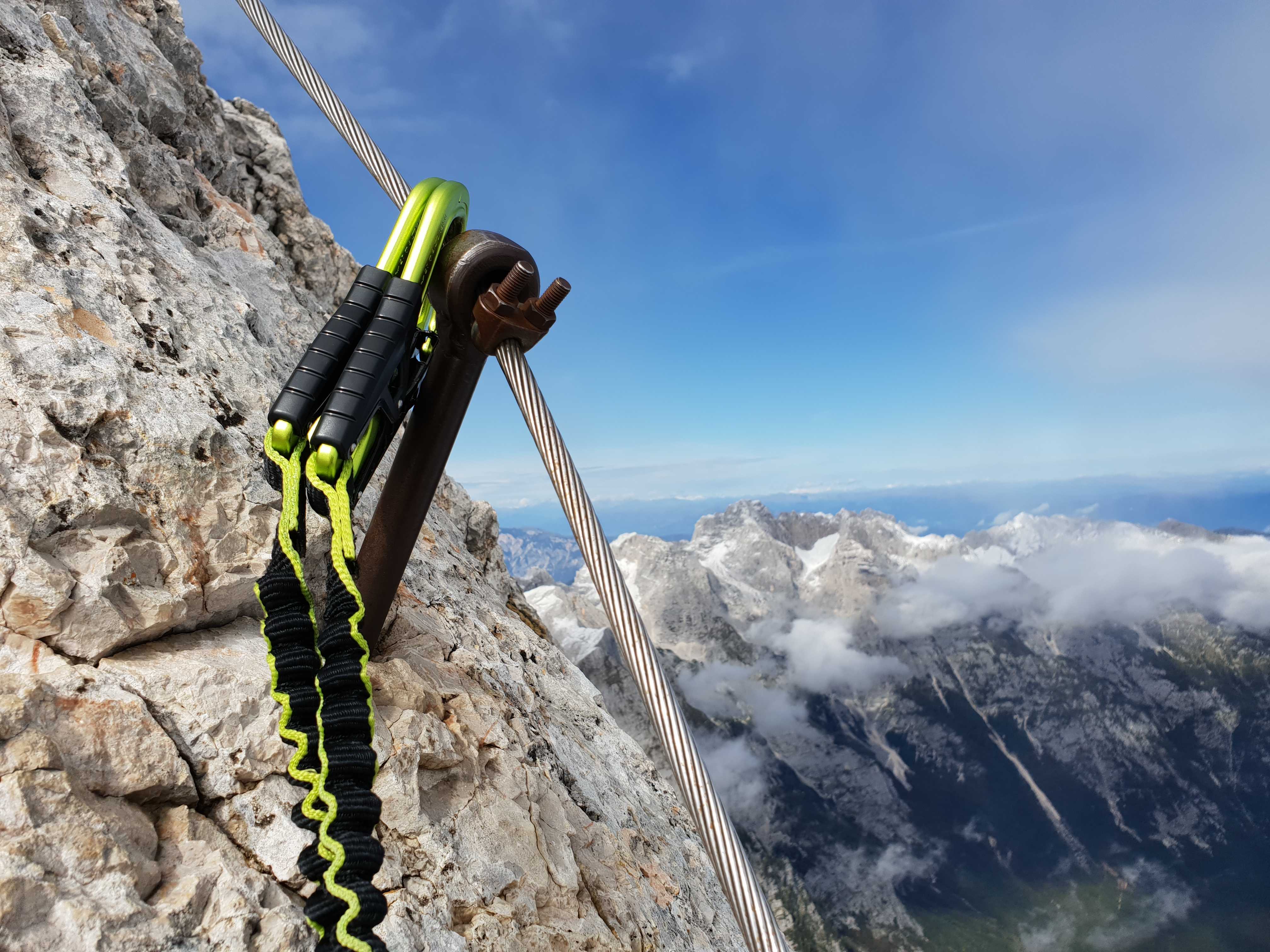 The via ferrata cable is broken up into sections, attached by metal spikes