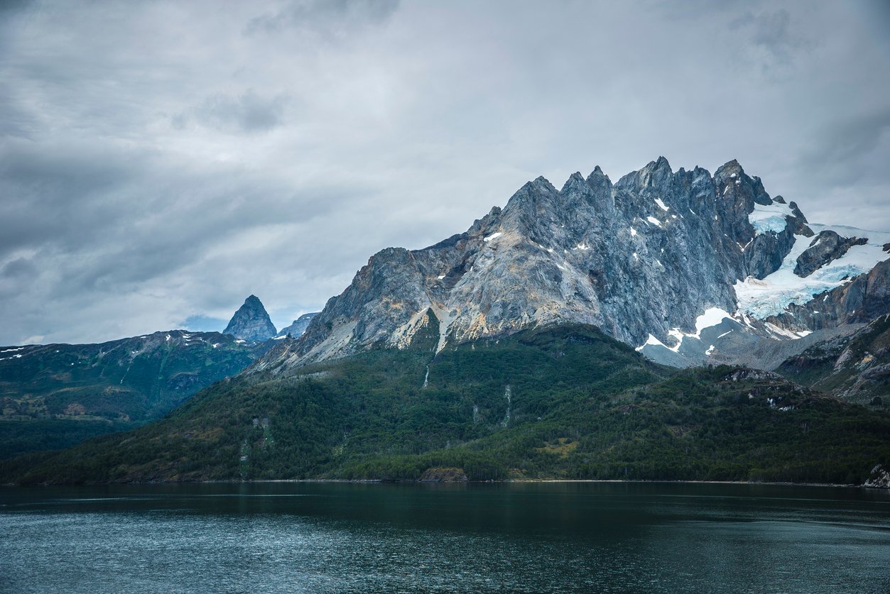 Fjords and mountains in the Chilean Fjords Region in Patagonia.