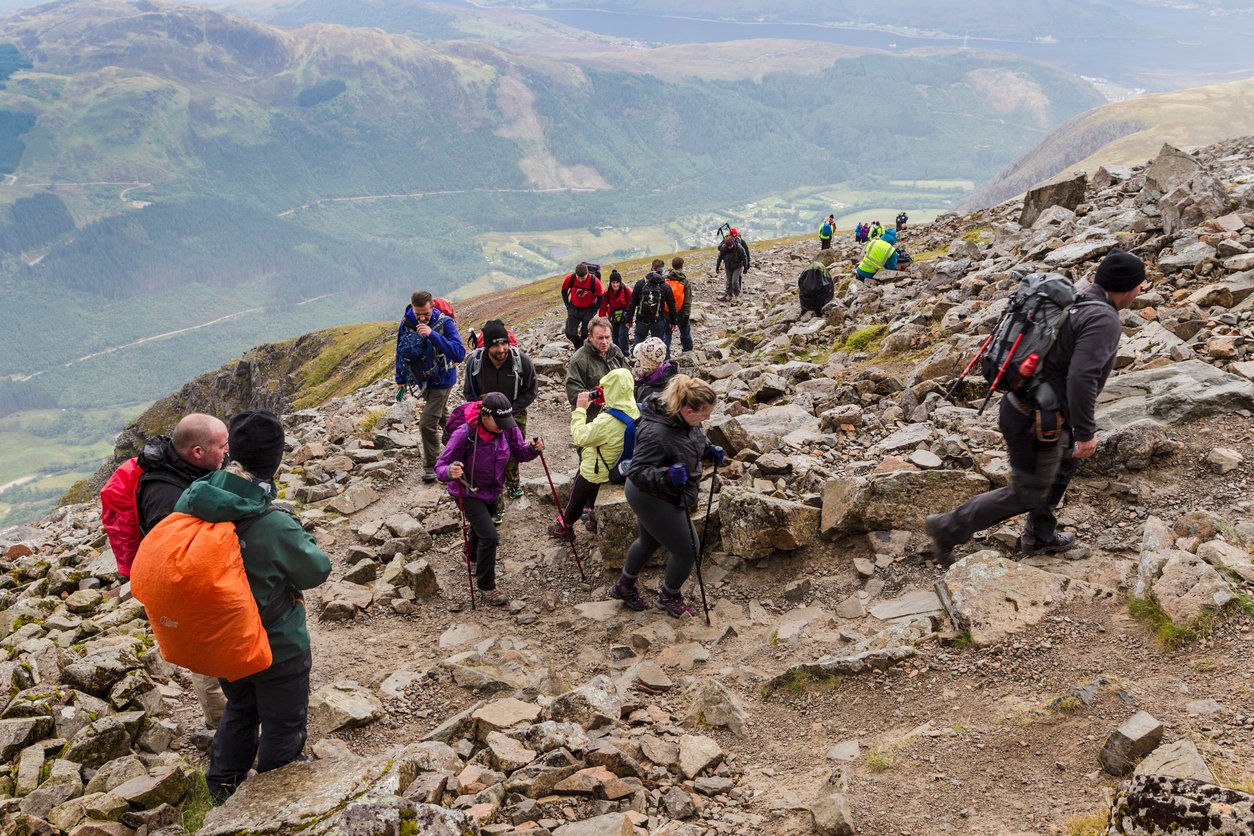 Hikers on the simplest route up Ben Nevis, known as “the tourist route”. 