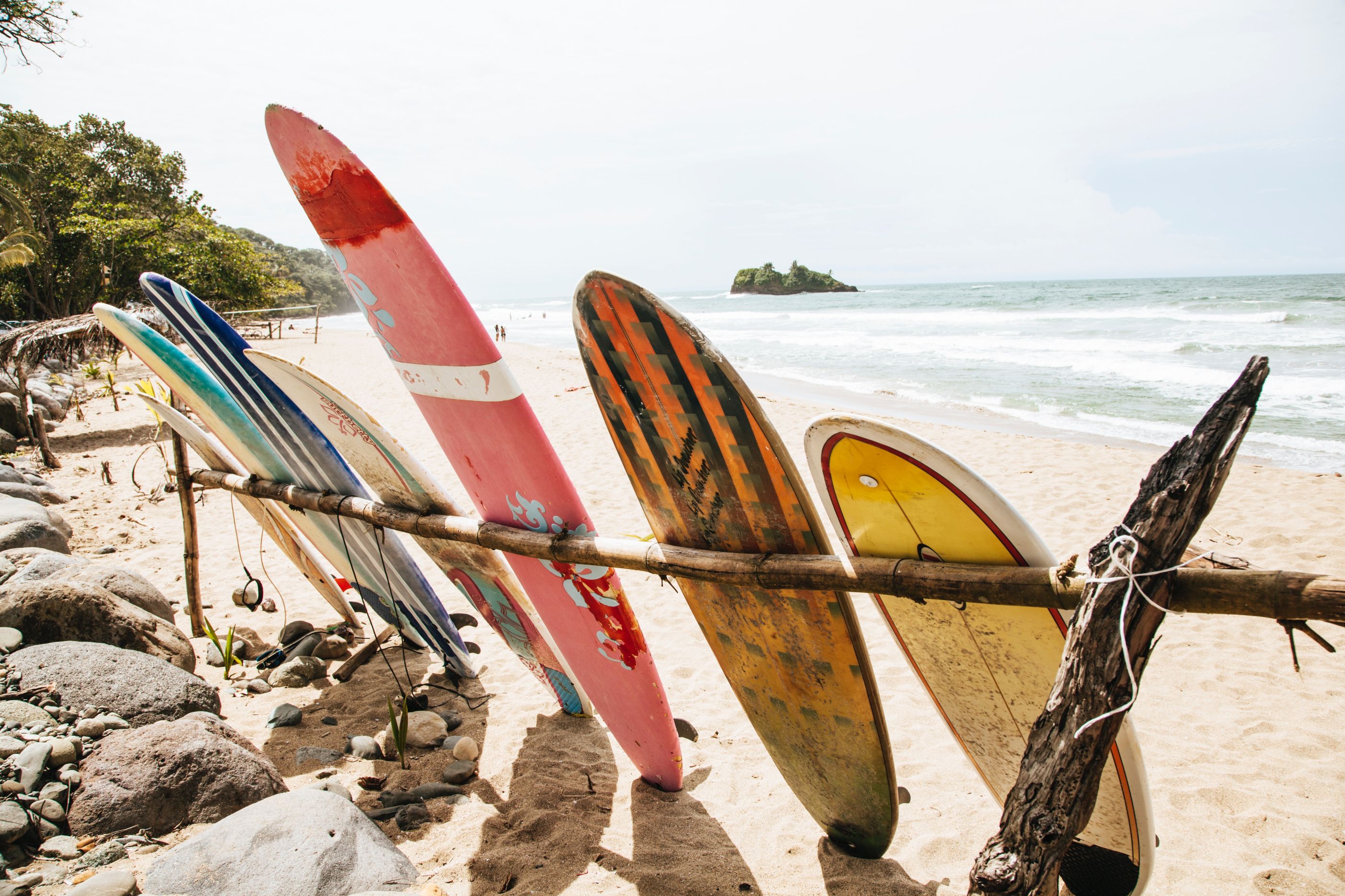 Surfboards on a tropical beach.