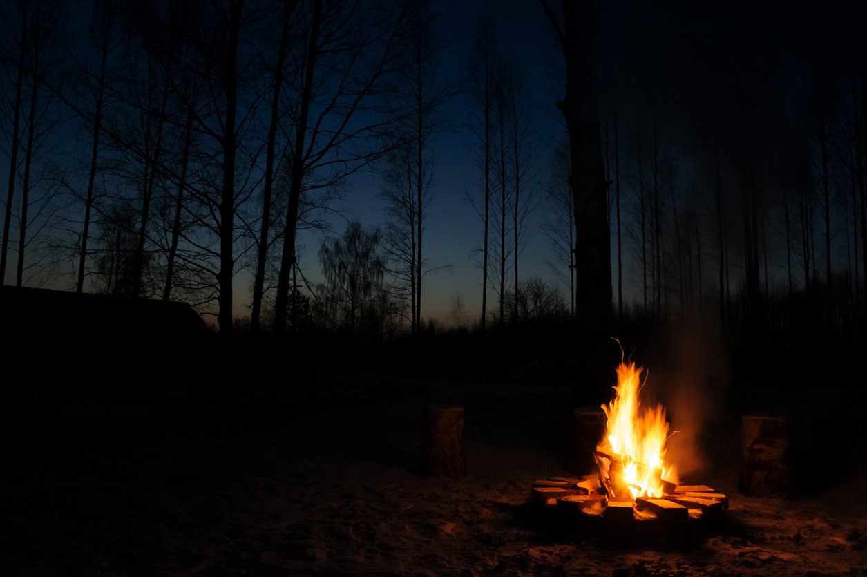 A campfire in the woods at night.