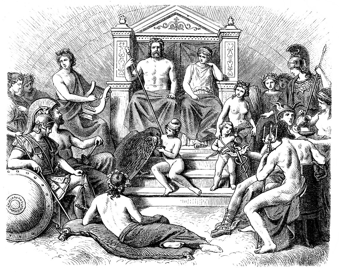 An illustration of the Greek gods on Mount Olympus
