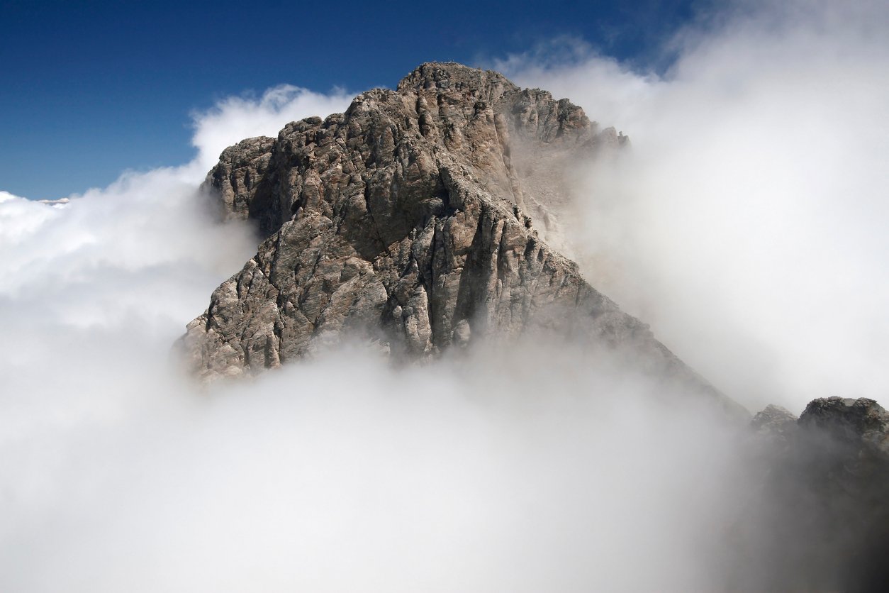Mytikas, the highest summit on Mount Olympus, swathed in cloud.