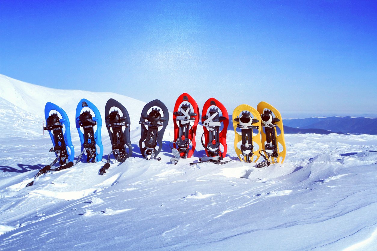 Four pairs of snowshoes standing up in the snow.