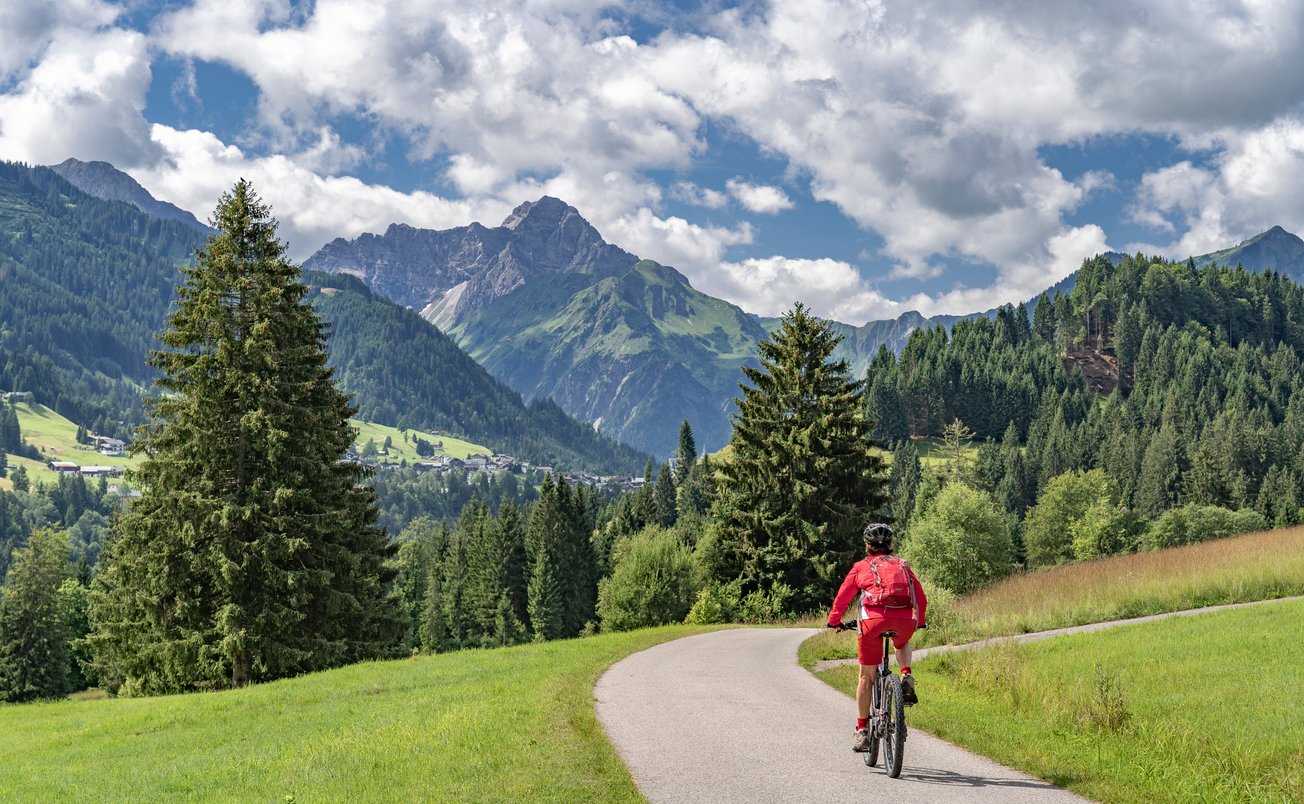 A view from the bike saddle in the Kleinwalsertal, Vorarlberg, Austria, with the famous summit of Widderstein in the background.