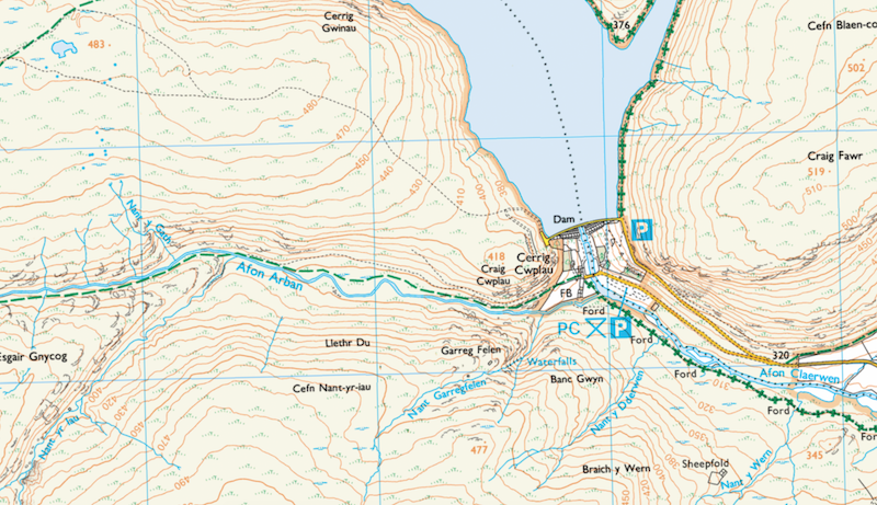 An example of the water feature symbols on OS maps (rivers, lakes, waterfalls etc)