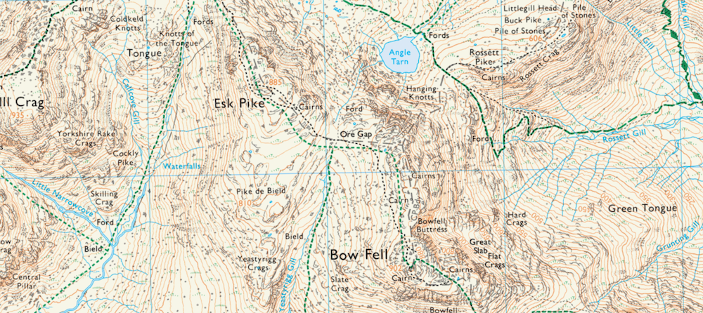 An example of brown coloured land contour lines on an Ordnance Survey map
