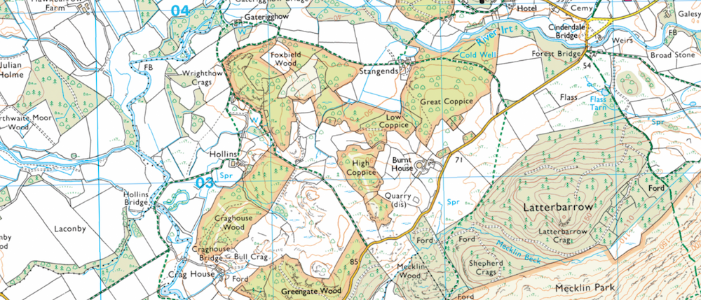 A close-up of an OS Map showcasing woodlands and footpaths