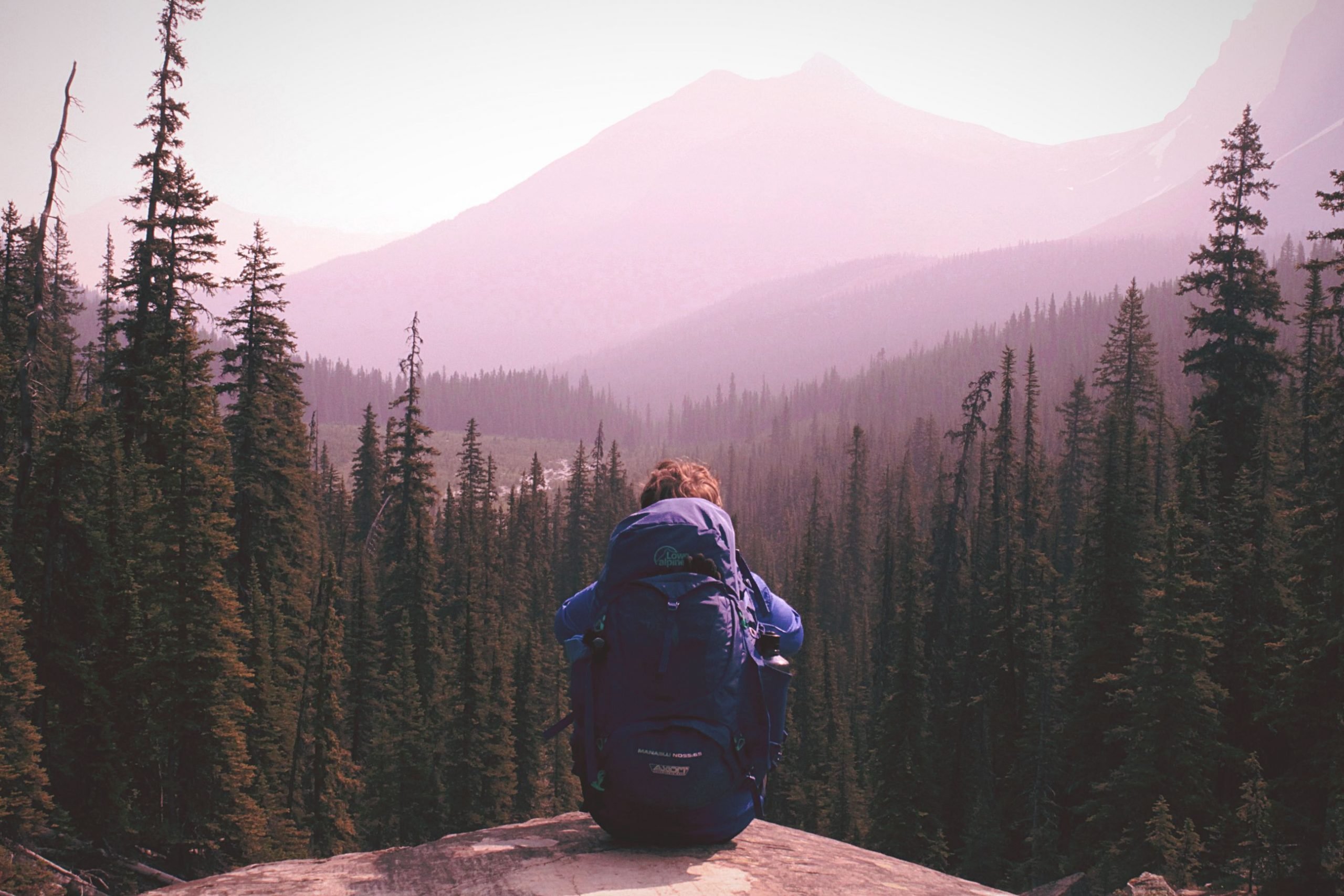 A hiker sitting on a rock, wearing a backpack, looking out at pine forest and mountains.