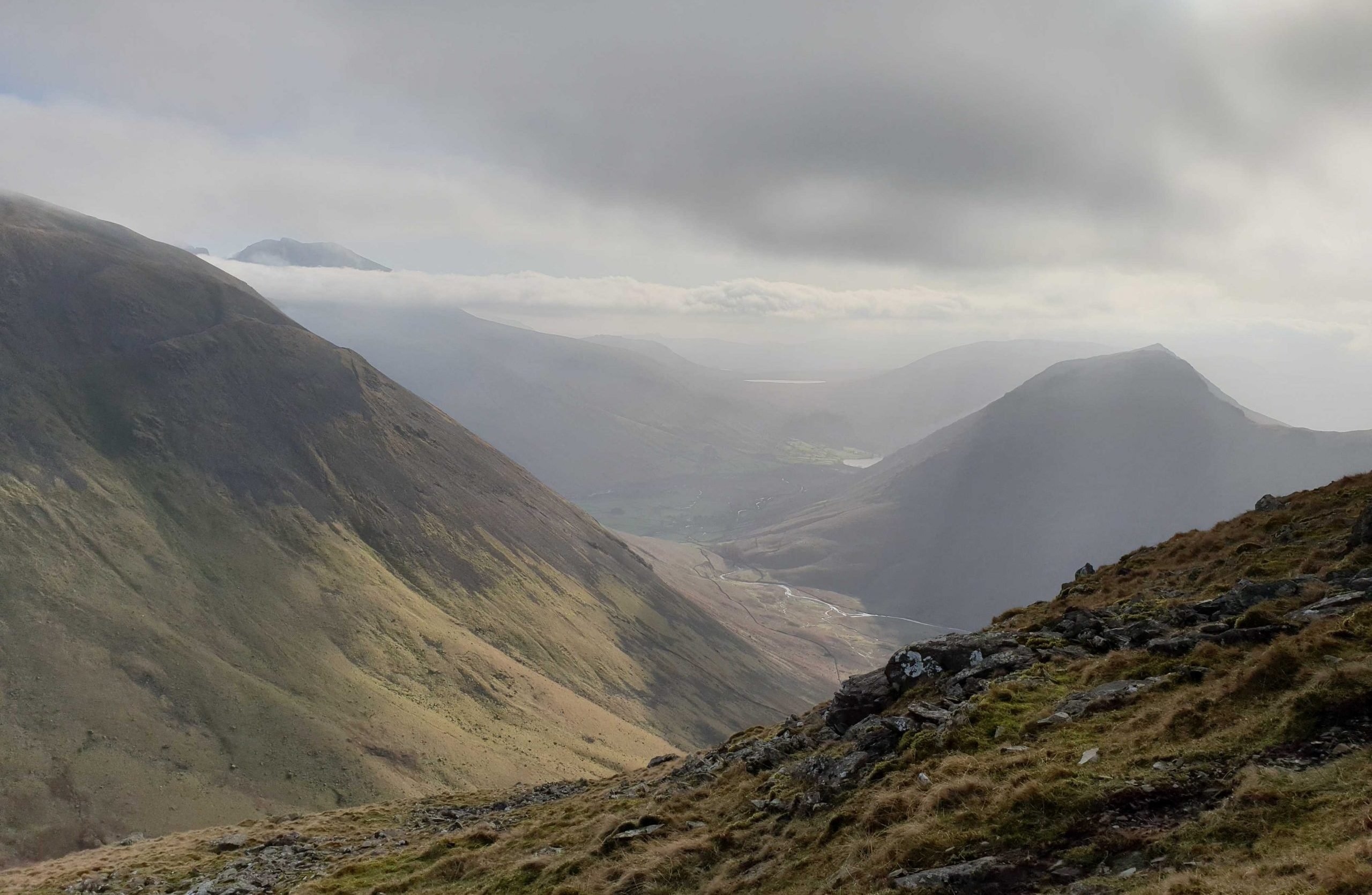 A panorama of the Lake District, on a cloudy day.