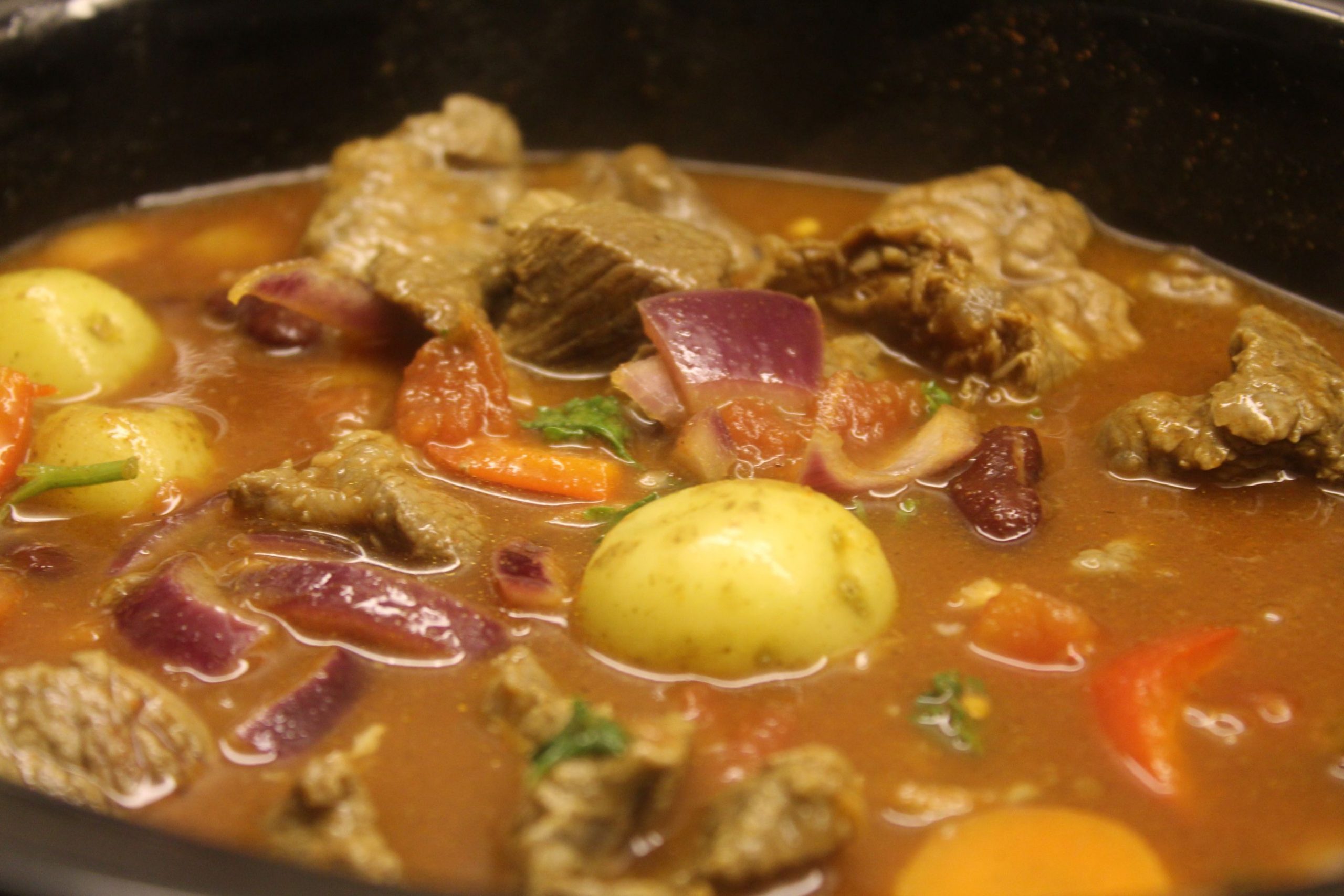 Close up of a campfire stew with beef, onions, potatoes and carrots.