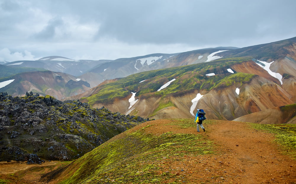 Hiker on the Laugavegur Trail, Landmannalaugar National Park, Iceland