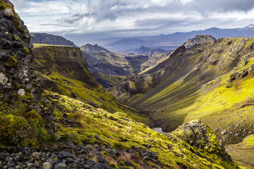 Fimmvörduháls, looking through a valley with moss covered mountain sides