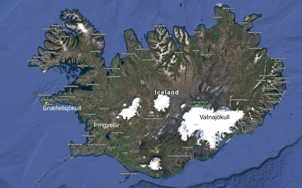 A map of Iceland showing the national parks.