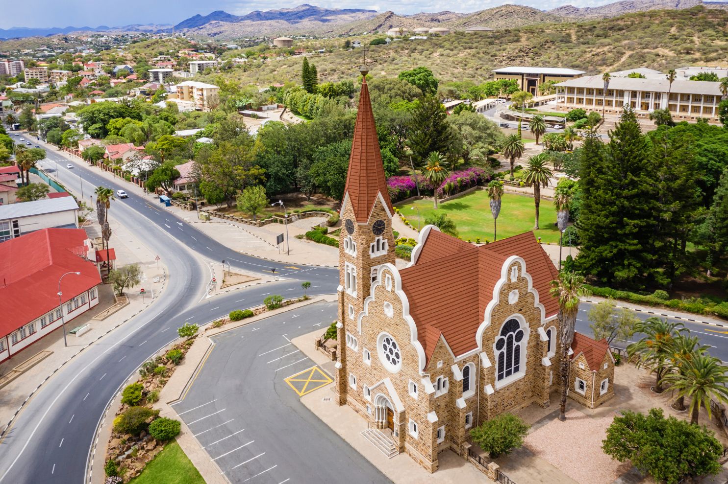 Aerial view towards the iconic Christ Church - Christuskirche - in downtown Windhoek, the capital of Namibia.