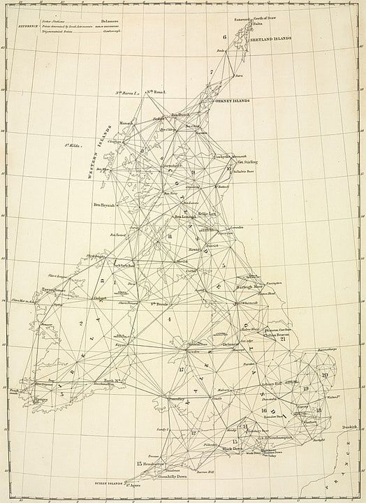 A map of the first triangulation of Great Britain, by Peter Mercator.