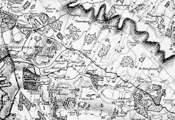 A section of the first every Ordnance Survey map, featuring Kent in 1801