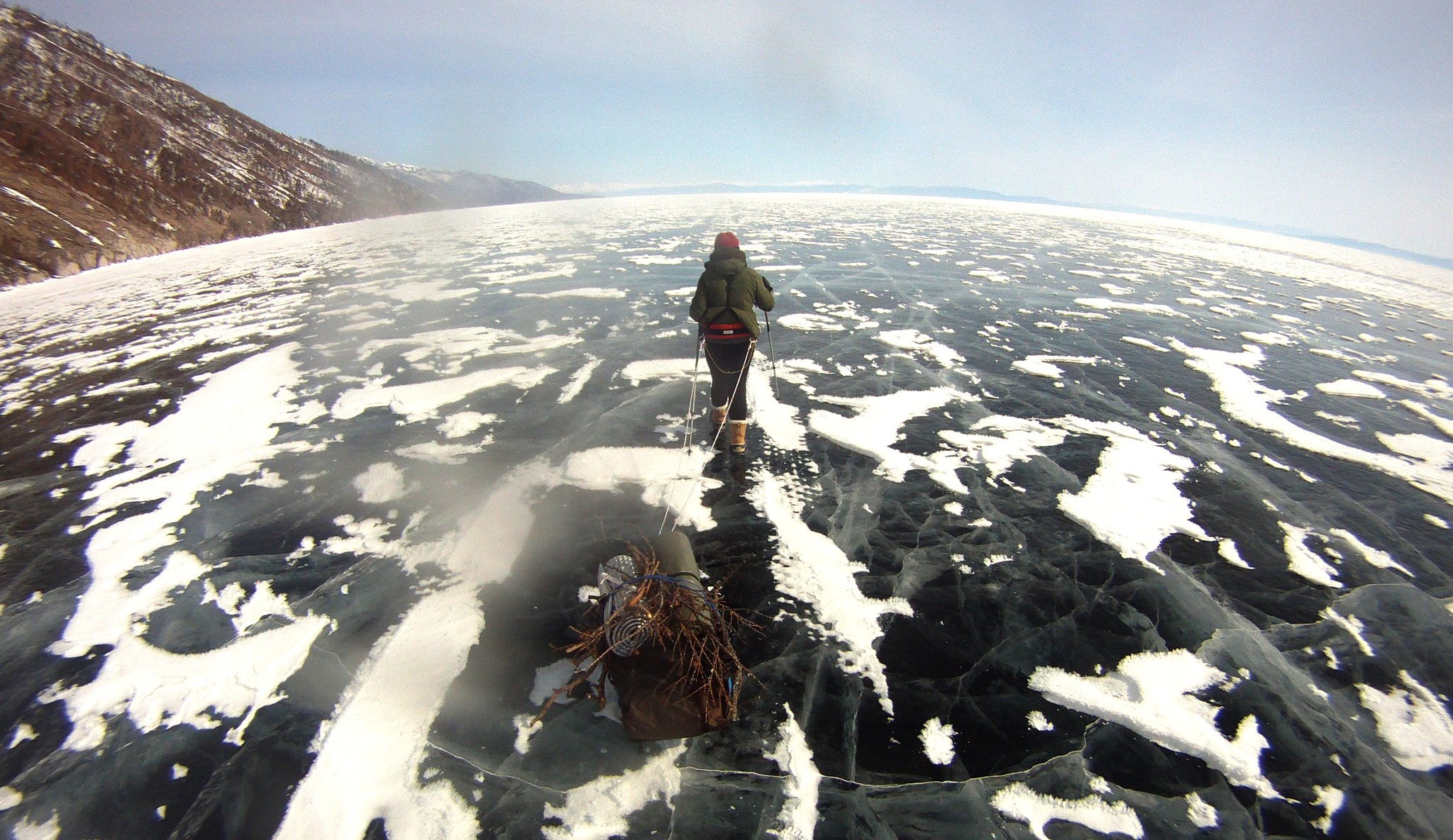 Laura crossing the frozen Lake Baikal as part of her annual leave.