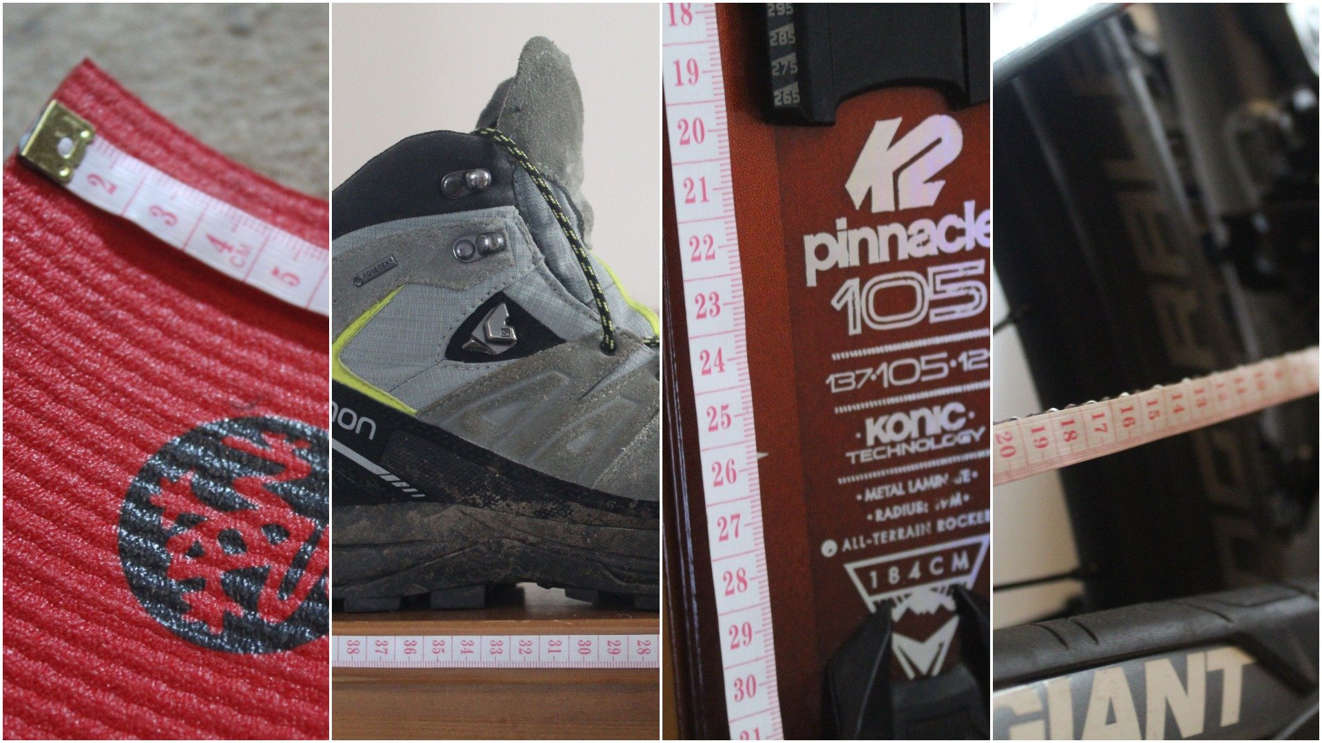 A photo collage of hiking boots and measuring tape.