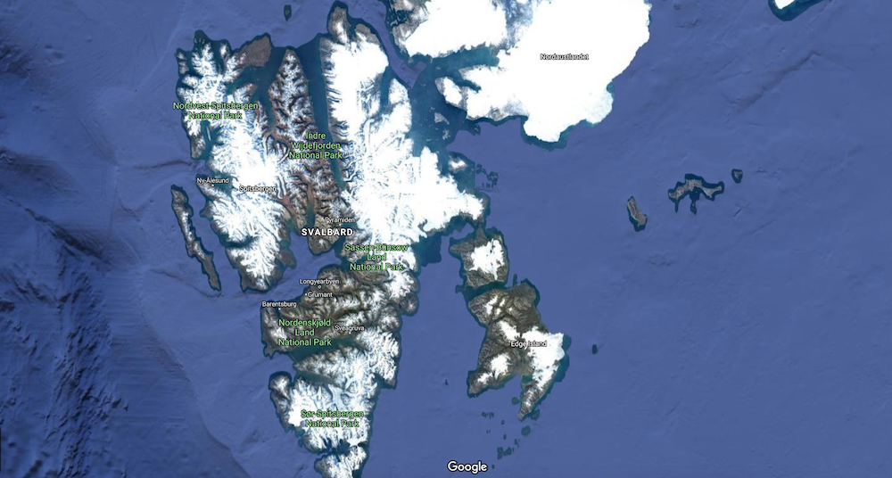 A satellite view of Svalbard, courtesy of Google Maps