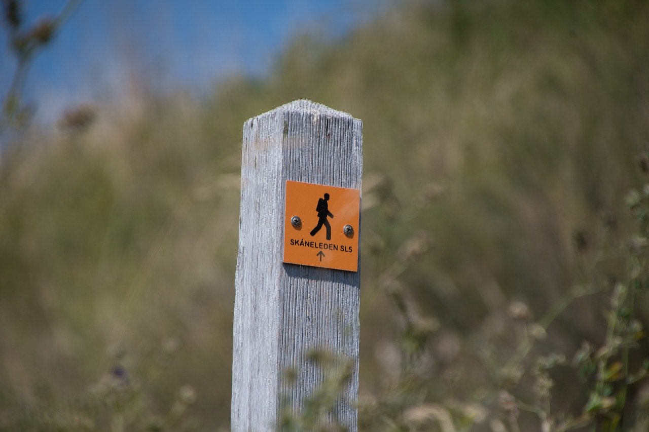 The distinctive orange markings of the Skåneleden Trail