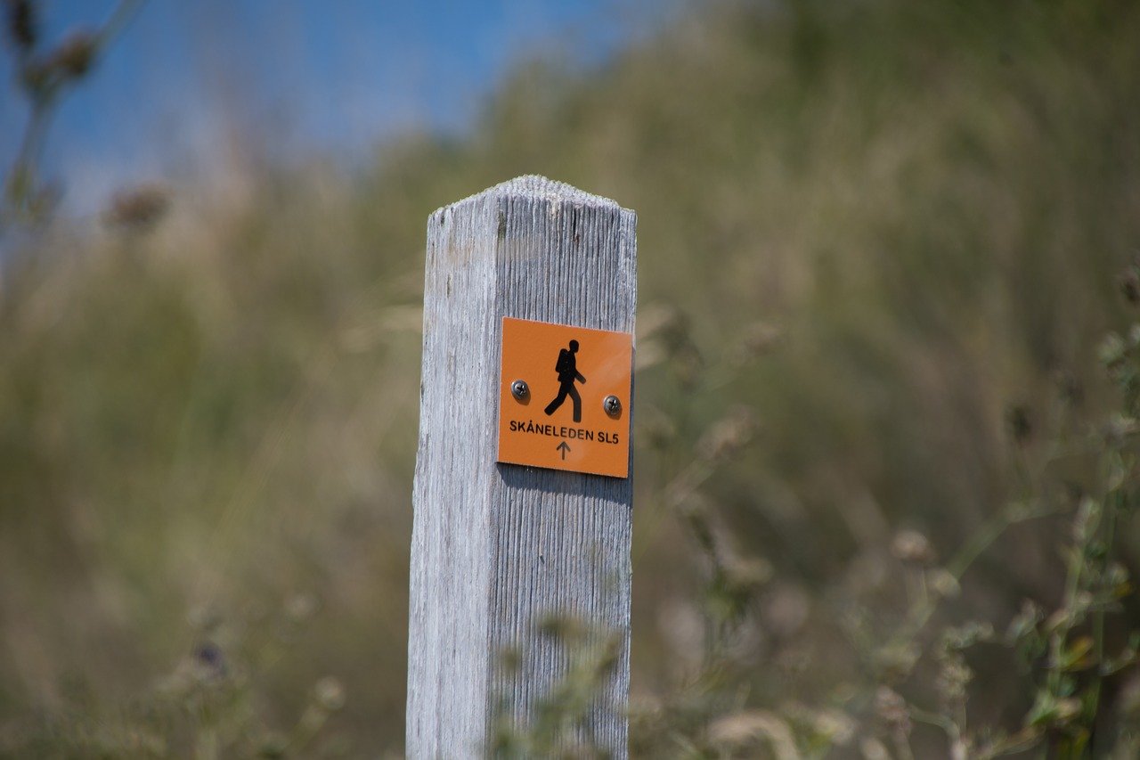 The distinctive orange markings of the Skåneleden Trail