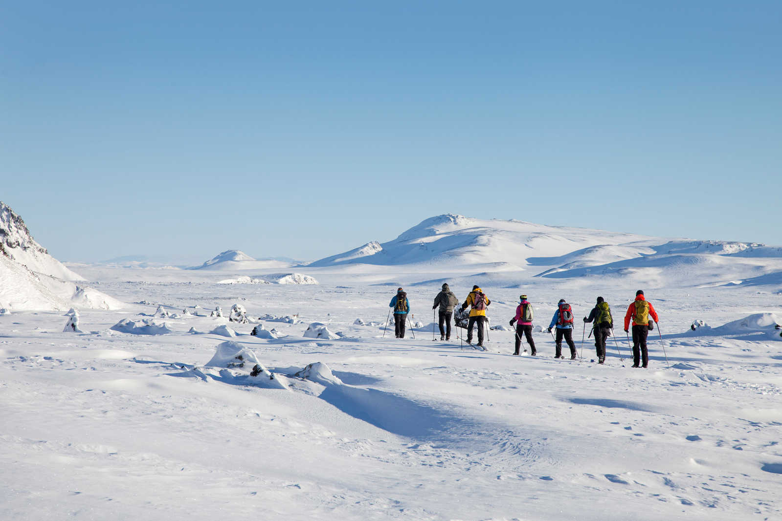 A group Nordic skiing in Iceland.