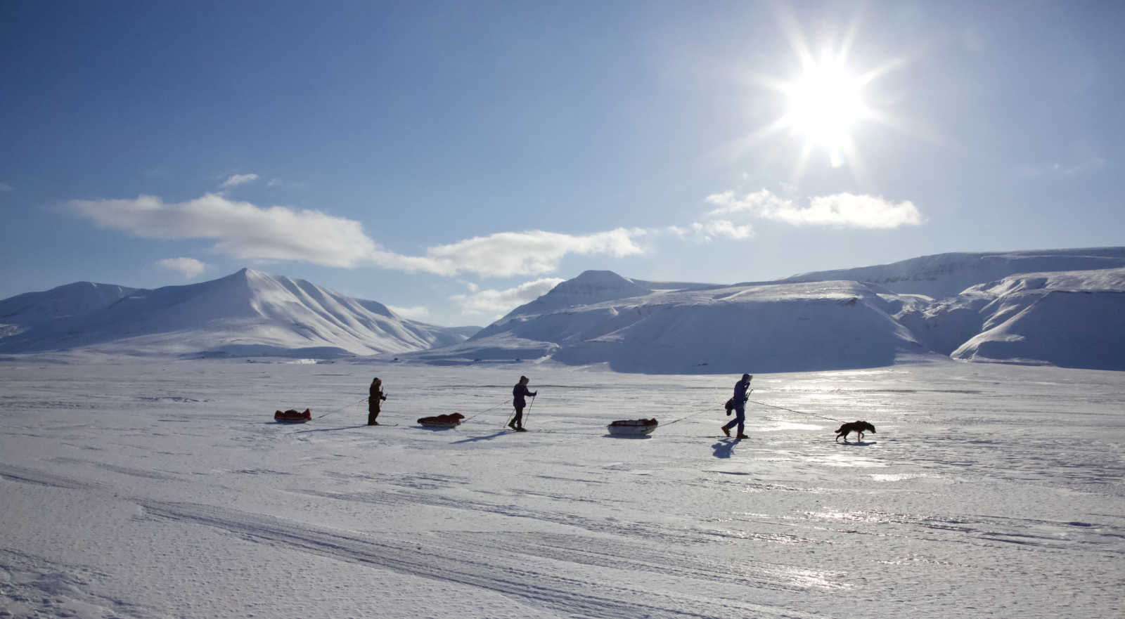Three figures ski across the icy wasteland of Svalbard, each pulling a sled.