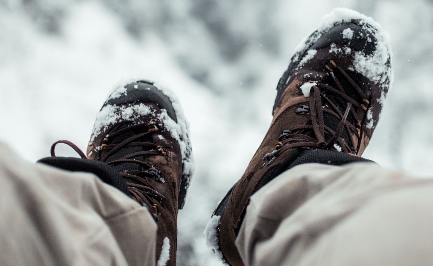 Winter hiking boots covered in snow - no concerns, if you've bought the right boots.