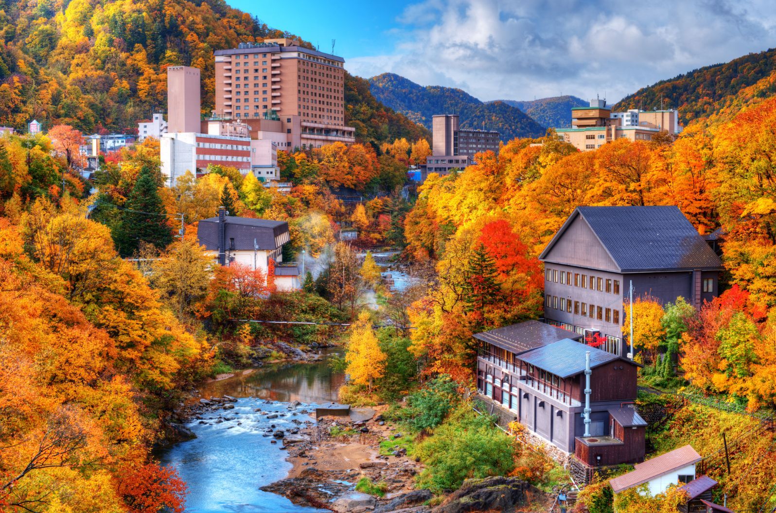The hot springs resort town of Jozankei in Hokkaido, Japan, during autumn