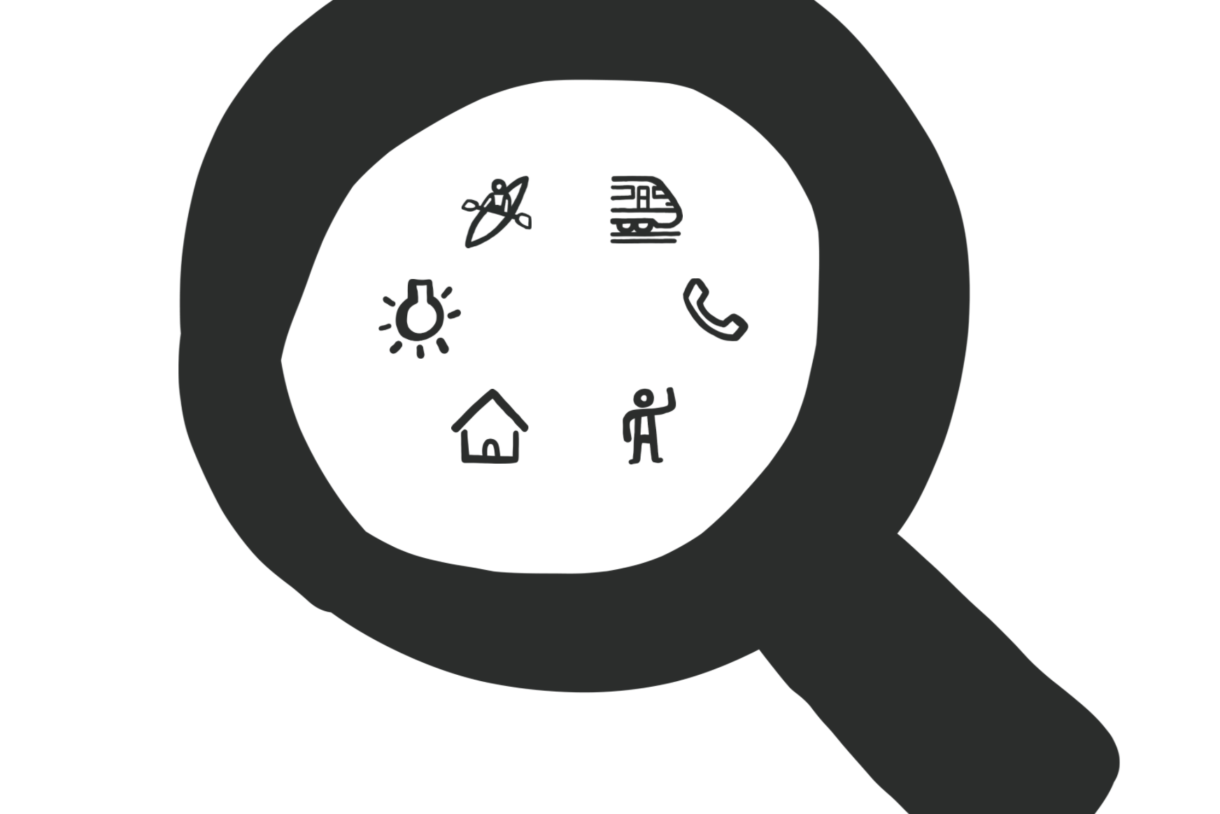 A magnifying glass icon with a house, person, train and lightbulb - used to illustrate a carbon measurement