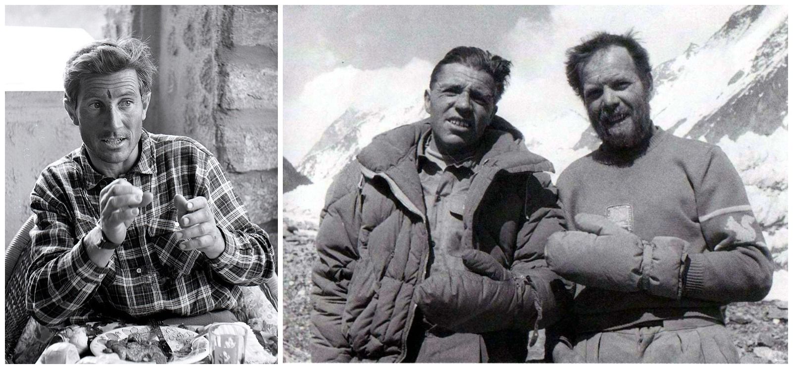 An older Walter Bonatti, left, and Compagnoni and Lacedelli, right