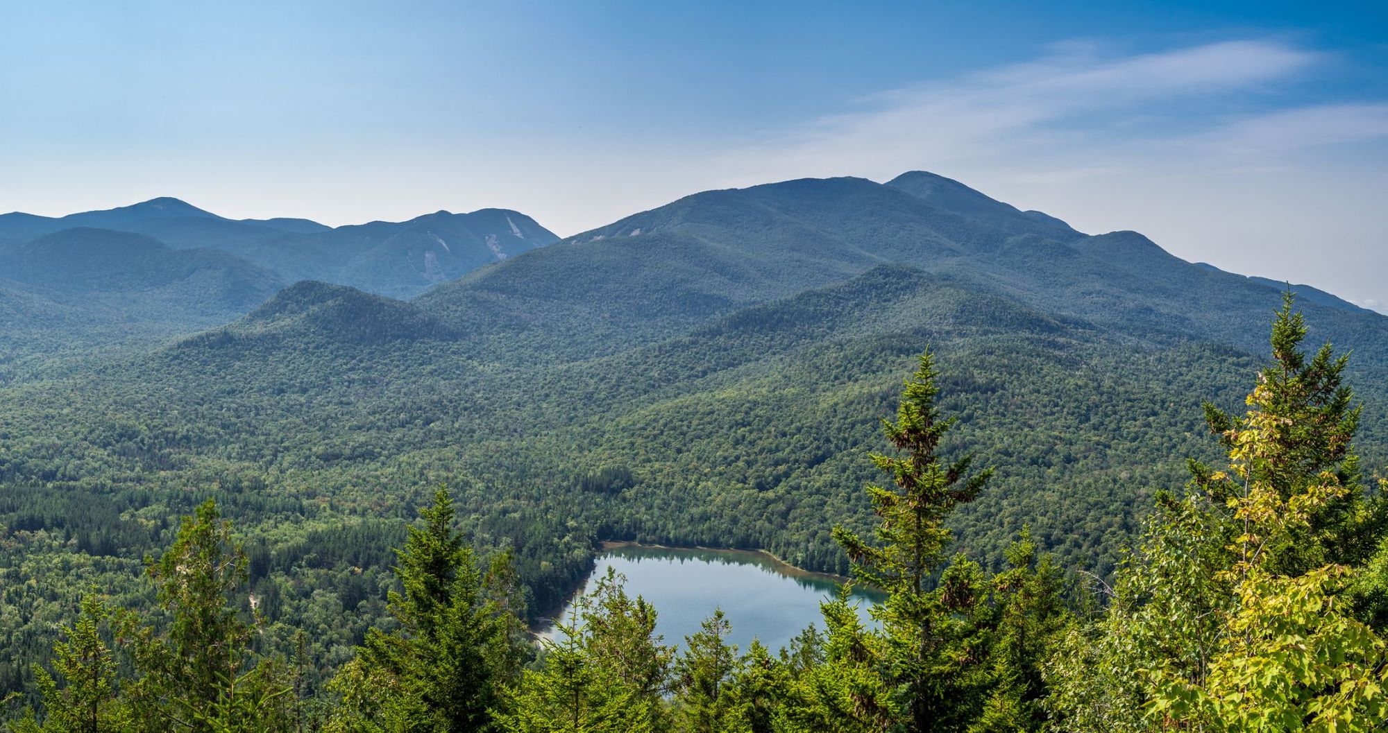 A panoramic view from the summit of Mount Jo overlooking Heart Lake, Mt. Colden, and Algonquin and Wright Peaks