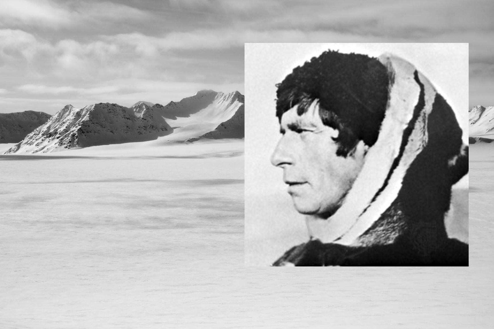 A photo of Knud Rasmussen, laid over a black and white photo of the Arctic wilderness.