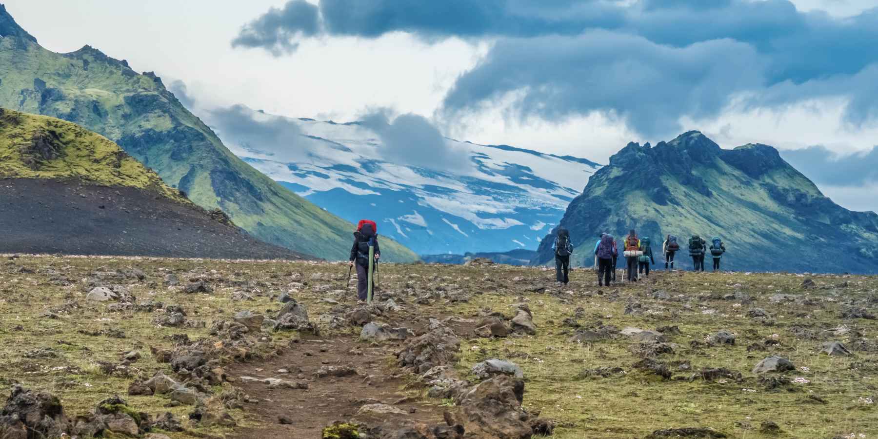 A group of hikers along Iceland's volcanic Laugavegur Trail.