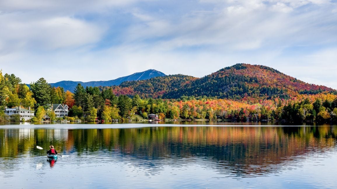 A panoramic view of Mirror Lake in Lake Placid, New York