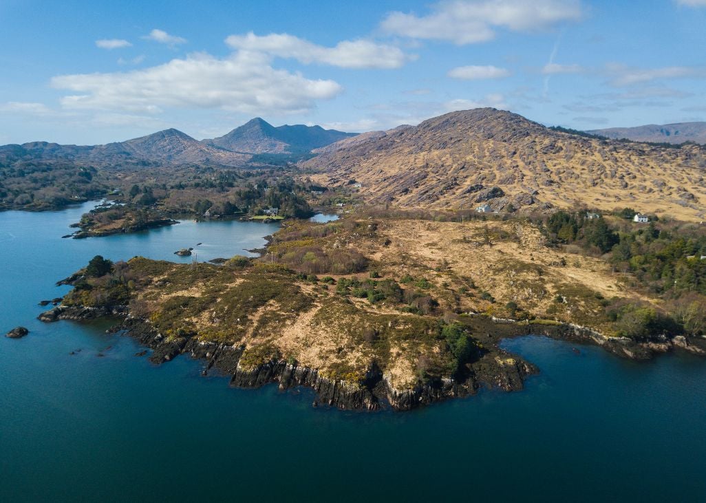 An aerial view of Glengarriff and Garnish Island on the Wild Atlantic Way in County Cork