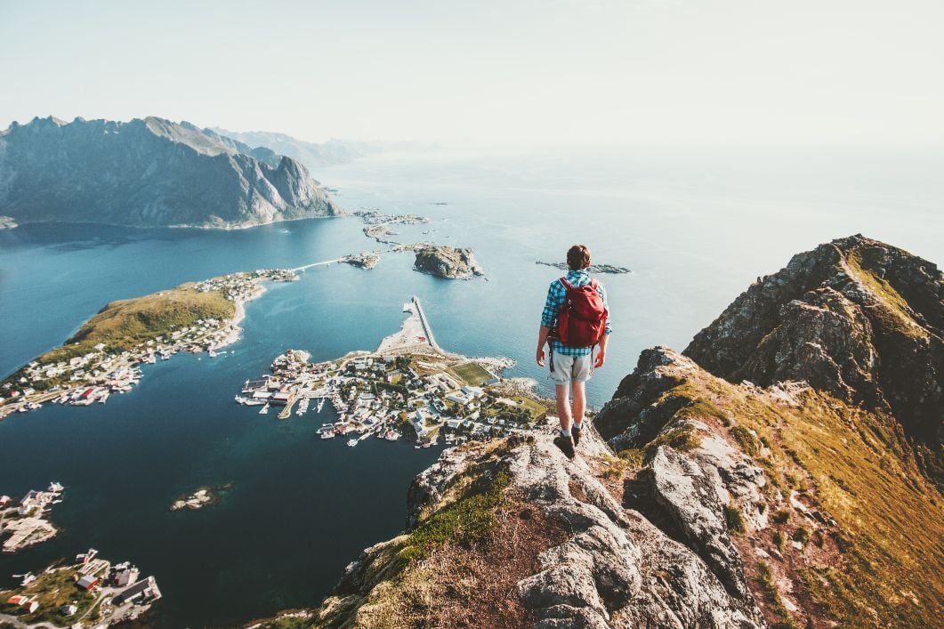 A panoramic view from the stunning Reinebringen peak on a clear day