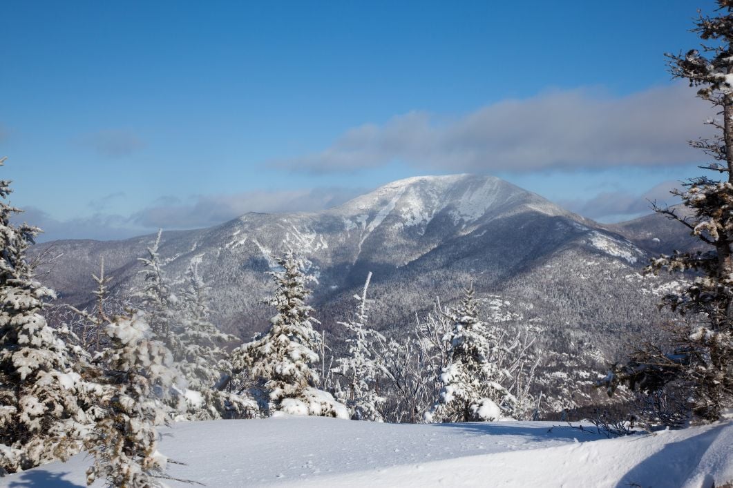 A panorama of the Noonmark summit in the Adirondacks in winter